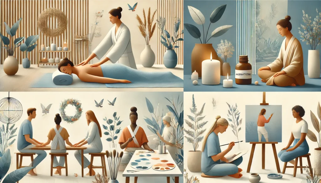 A peaceful wellness retreat where individuals experience holistic therapies like massage, aromatherapy, and art therapy for mental and emotional well-being