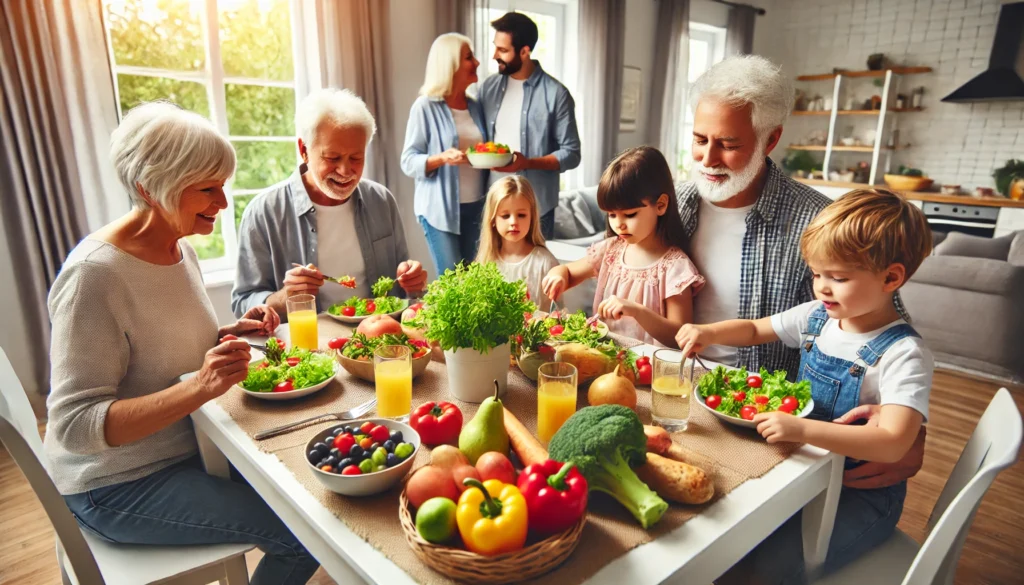 An intergenerational family gathering in a bright, modern home, where grandparents, parents, and children share a nutritious meal filled with colorful vegetables, symbolizing the role of nutrition and strong family bonds in longevity.
