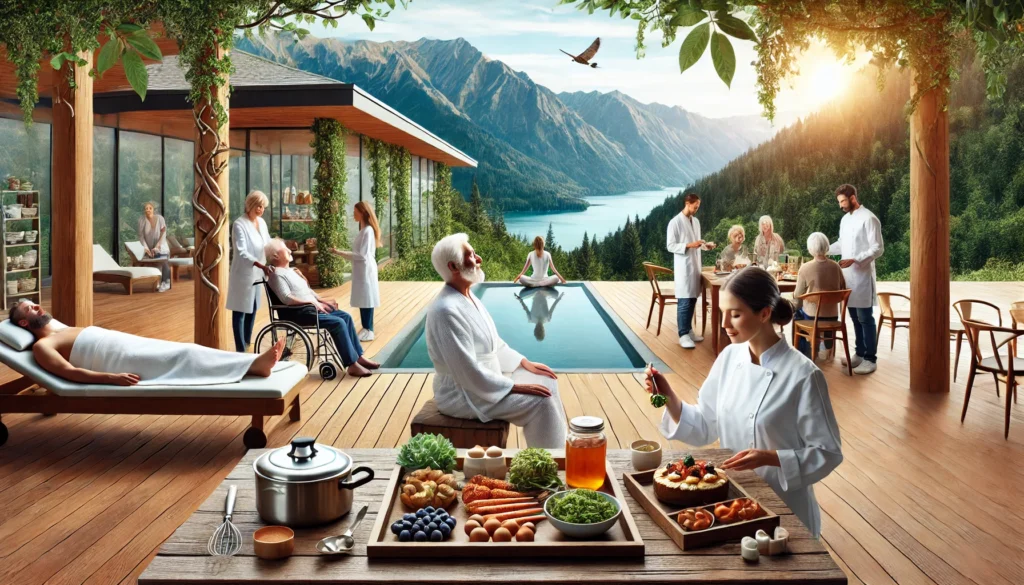 An advanced wellness retreat nestled in nature, where people participate in longevity-focused activities, including spa rejuvenation therapies, organic meal preparation, and mindfulness meditation overlooking a breathtaking landscape.