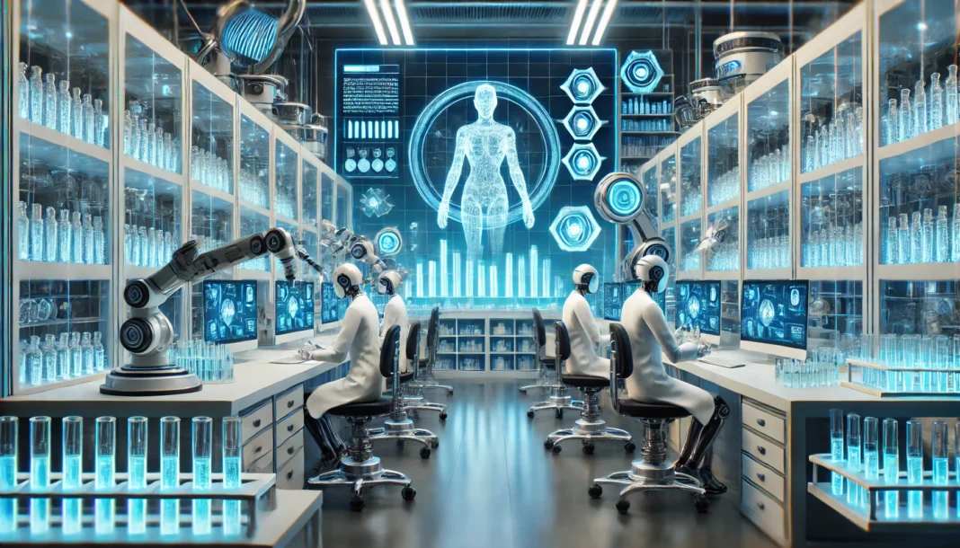 A state-of-the-art biotechnology lab where researchers develop longevity-enhancing drugs, with futuristic vials, robotic equipment conducting precise experiments, and glowing digital monitors displaying scientific data.