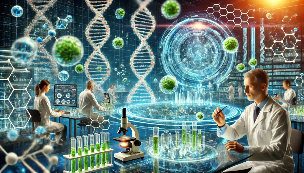 A futuristic anti-aging research center with scientists working on DNA sequencing and cellular rejuvenation, featuring glowing holographic displays and molecular structures symbolizing breakthroughs in longevity science.