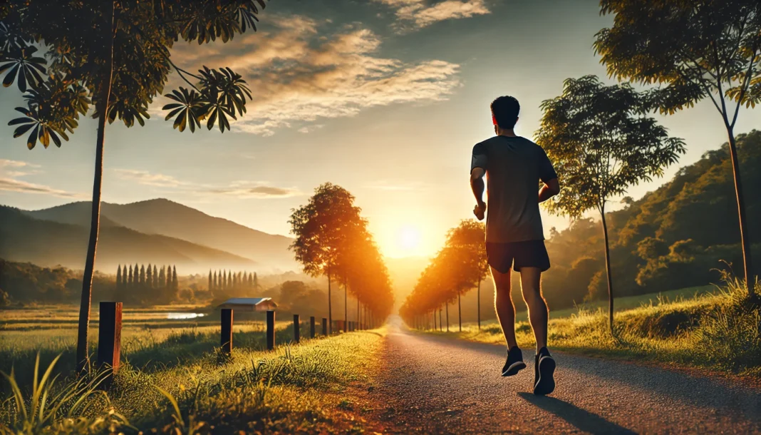 A beginner runner jogging along a scenic outdoor trail at sunrise, dressed in comfortable athletic gear with proper running shoes, surrounded by trees and distant mountains.