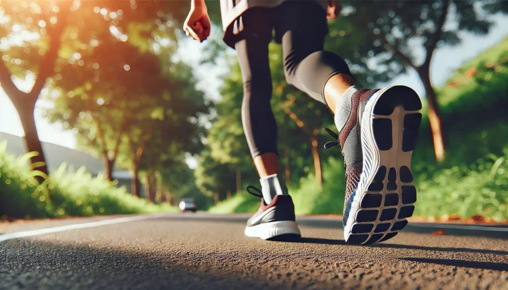 A close-up of a runner’s legs and feet in motion on a well-maintained jogging path, showcasing cushioned running shoes with a blurred green landscape in the background.