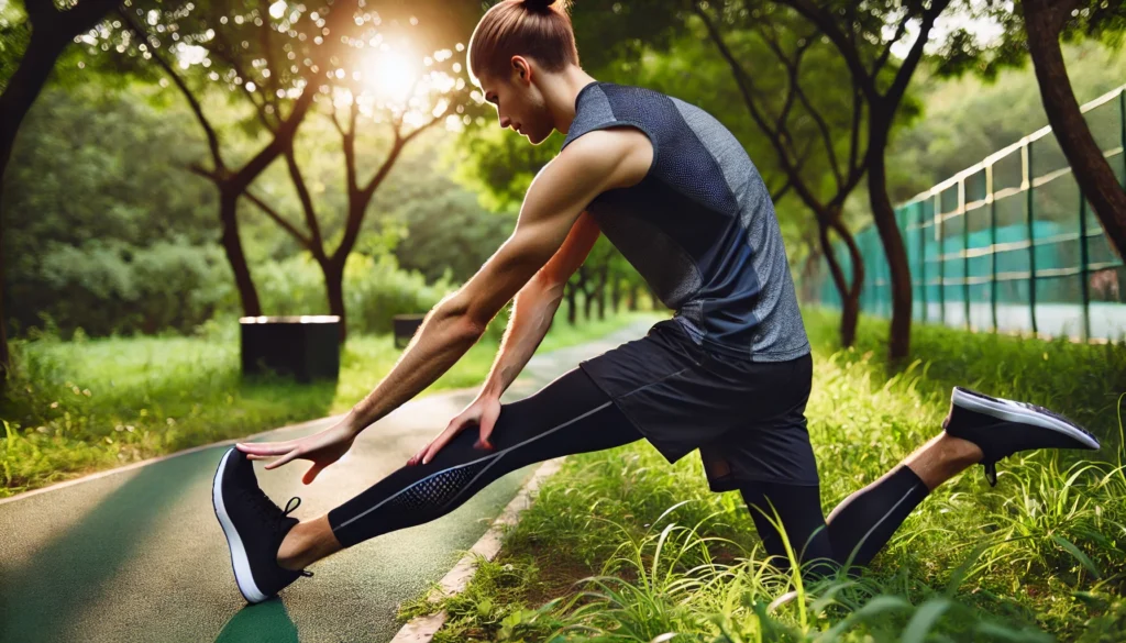 A beginner runner stretching before a jog in a park, wearing breathable athletic clothing and focusing on leg stretches, surrounded by lush greenery.