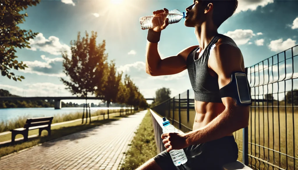 A runner taking a water break on a sunny day, holding a water bottle and hydrating after a jog, standing on a paved path with trees and blue skies in the background.