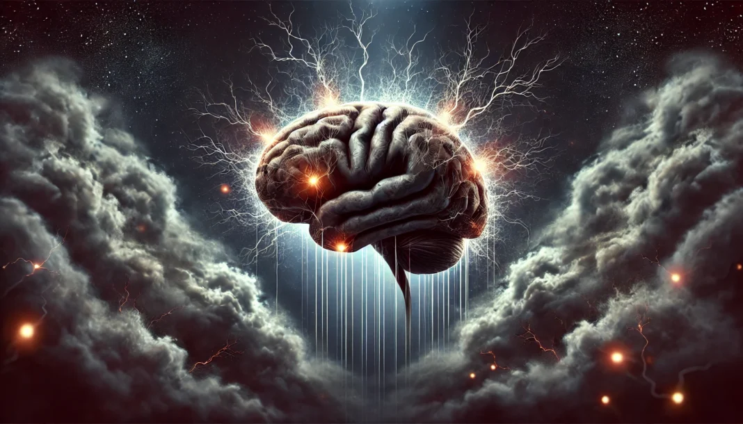 A surreal illustration of a human brain with visible neural pathways, some appearing damaged or frayed, surrounded by dark storm-like clouds. Faint electric pulses emerge from the brain, symbolizing the neurological effects of trauma and PTSD.