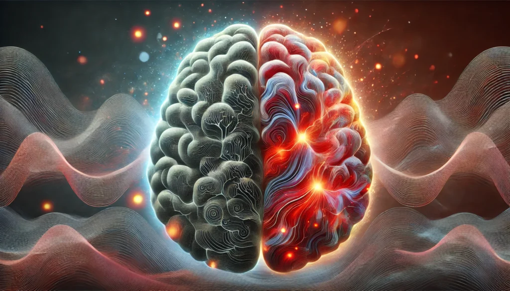 An artistic depiction of a semi-transparent human brain with sections illuminated in red, highlighting areas affected by PTSD. Abstract waves of dark and light hues surround the brain, representing emotional turmoil and the contrast between trauma and healing.