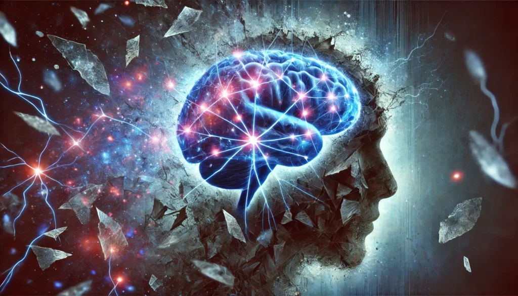 A conceptual visualization of a fractured human brain with glowing neural connections forming new pathways amid broken regions. The background consists of a hazy, dreamlike texture, symbolizing memory distortions and emotional fragmentation caused by PTSD.