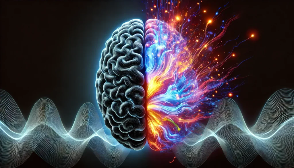 A surreal representation of a human brain, half engulfed in darkness and the other half glowing with vibrant neural activity. The dark side represents trauma and PTSD, while the illuminated side signifies resilience and recovery, surrounded by abstract waves of energy.