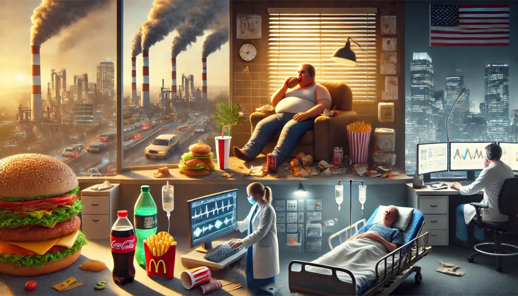 A person sitting on a couch surrounded by fast food, soda cans, and junk food, depicting unhealthy eating habits and obesity as factors in low life expectancy.