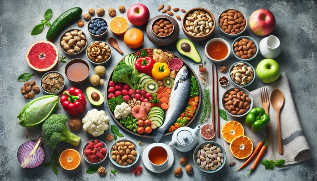 A beautifully arranged assortment of longevity-promoting foods, including colorful fresh fruits, vegetables, nuts, fish, and herbal teas, highlighting the essential role of nutrition in extending lifespan and promoting health.