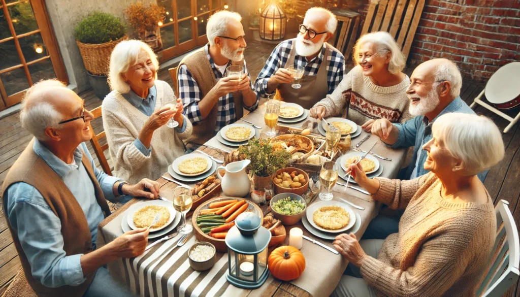 A warm and inviting gathering of elderly friends and family enjoying a meal together in a cozy outdoor setting. The scene radiates joy, laughter, and connection, emphasizing the role of strong social relationships in living a long and fulfilling life.