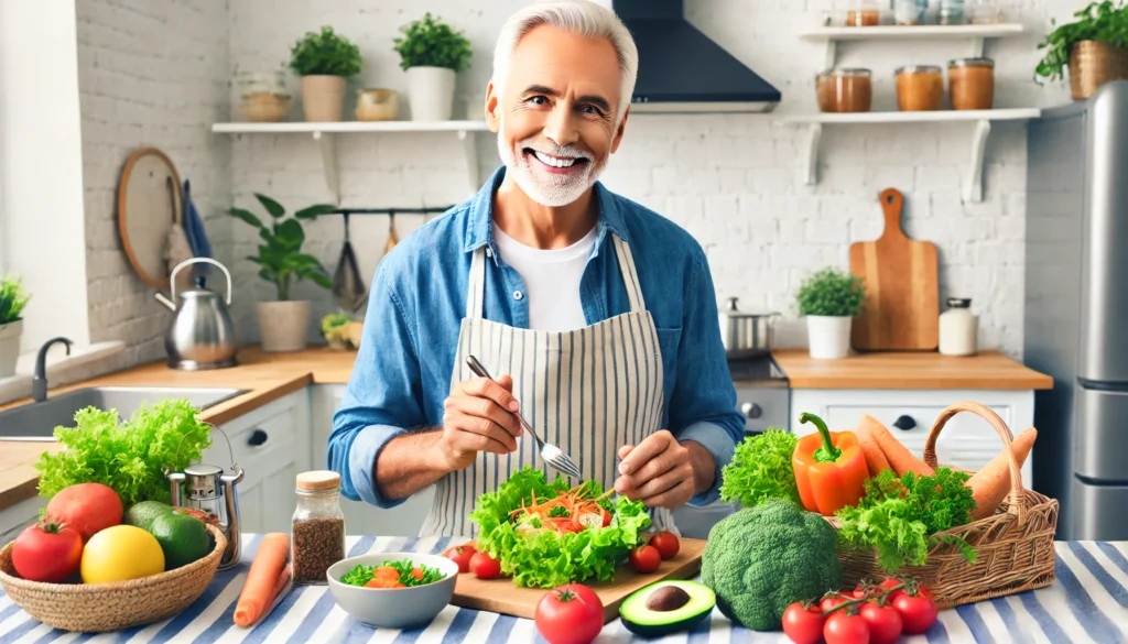 A cheerful older man preparing a colorful and nutritious meal in a bright kitchen, highlighting the importance of a healthy diet for longevity and wellness in aging.