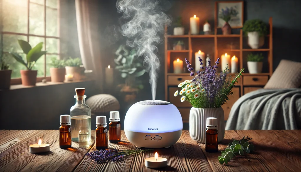 A peaceful scene with an essential oil diffuser emitting a soft mist, surrounded by bottles of lavender, chamomile, and eucalyptus oils. The dimly lit background with candles creates a relaxing atmosphere for natural stress relief.
