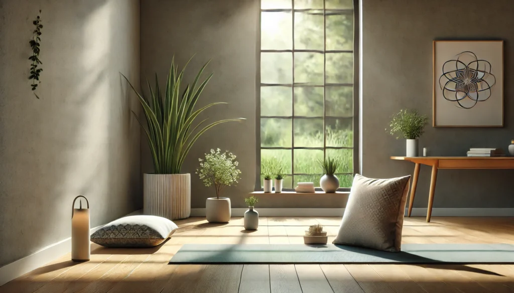 A calming yoga and meditation area featuring a yoga mat, meditation cushion, and a small indoor plant, illuminated by soft natural light. The peaceful interior with a large window overlooking nature promotes relaxation and stress relief.