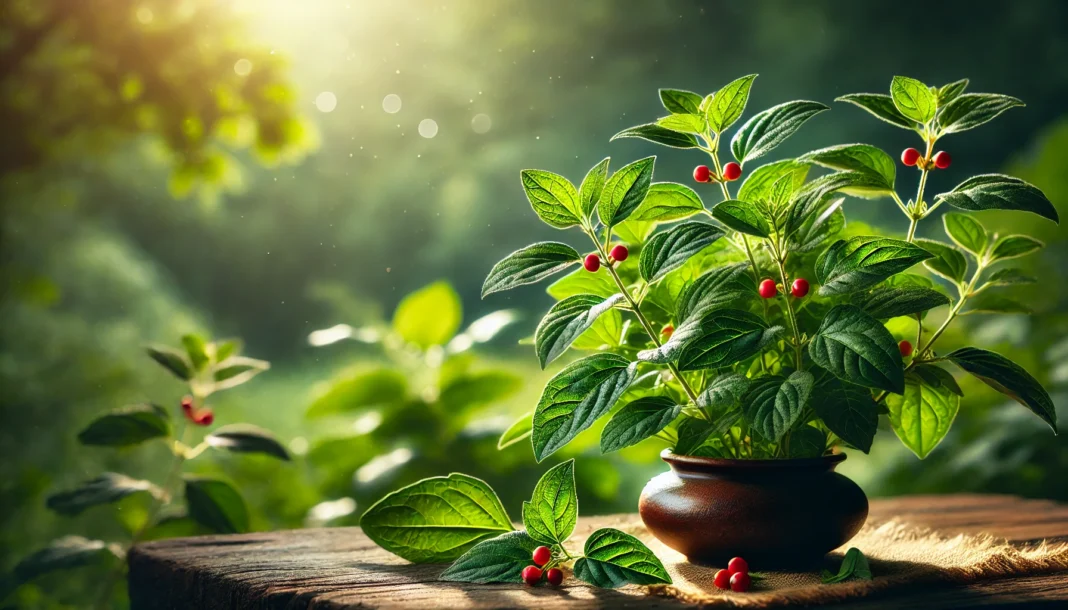 A lush Ashwagandha plant (Withania somnifera) in its natural habitat, featuring vibrant green leaves and small red berries, illuminated by soft sunlight, symbolizing its role in natural wellness and healing.