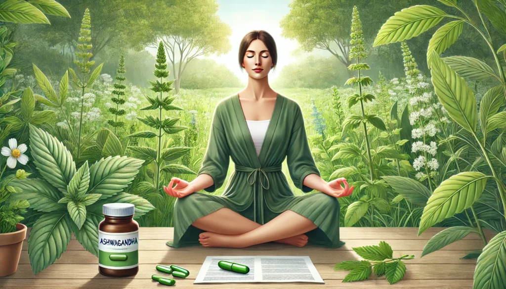 A serene woman meditating outdoors, surrounded by ashwagandha plants, representing natural stress relief and ADHD support.