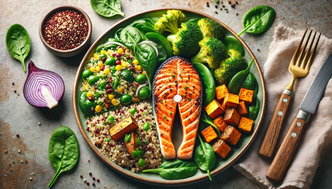 A beautifully plated meal featuring a grilled salmon fillet, a quinoa and spinach salad, roasted sweet potatoes, and a side of steamed broccoli, showcasing a balanced and nutrient-dense diet designed to promote long-term health.