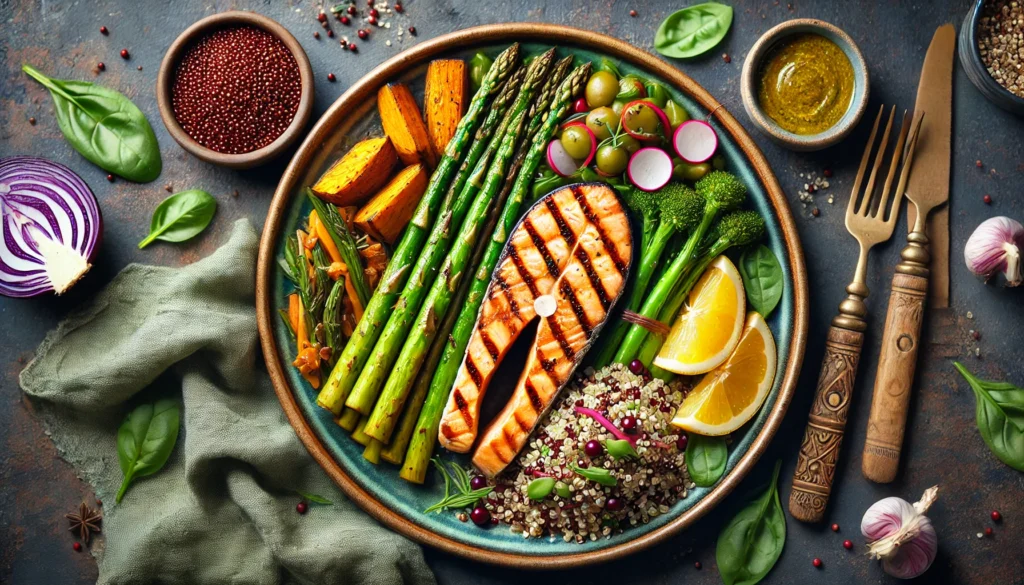 A beautifully arranged meal with grilled salmon, steamed asparagus, roasted sweet potatoes, and a quinoa salad, showcasing a colorful and nutritious whole-food dish designed to support long-term health and well-being.