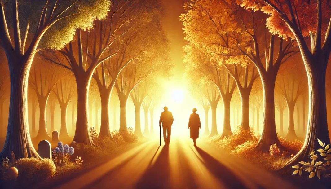 An elderly couple walks through a tranquil autumn park as golden sunlight filters through vibrant orange and yellow leaves. The scene symbolizes the passage of time and the natural progression of aging, reflecting the beauty and serenity of a long life.