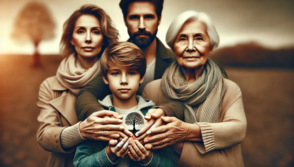A multigenerational family portrait set in a lush outdoor environment, showing grandparents, parents, and children sharing a warm moment together. The image highlights family bonds, longevity, and the passage of life through different generations.