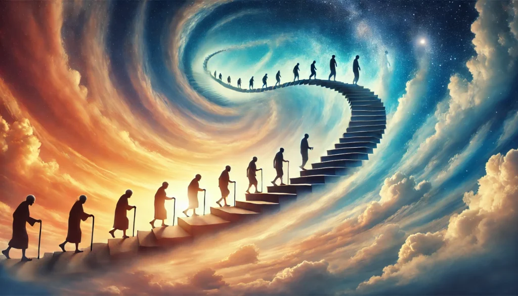 An imaginative representation of longevity, depicting an endless staircase in the sky where each step signifies a different phase of life. The sky transitions from sunrise to sunset, symbolizing the journey of aging and the pursuit of a longer, healthier life.