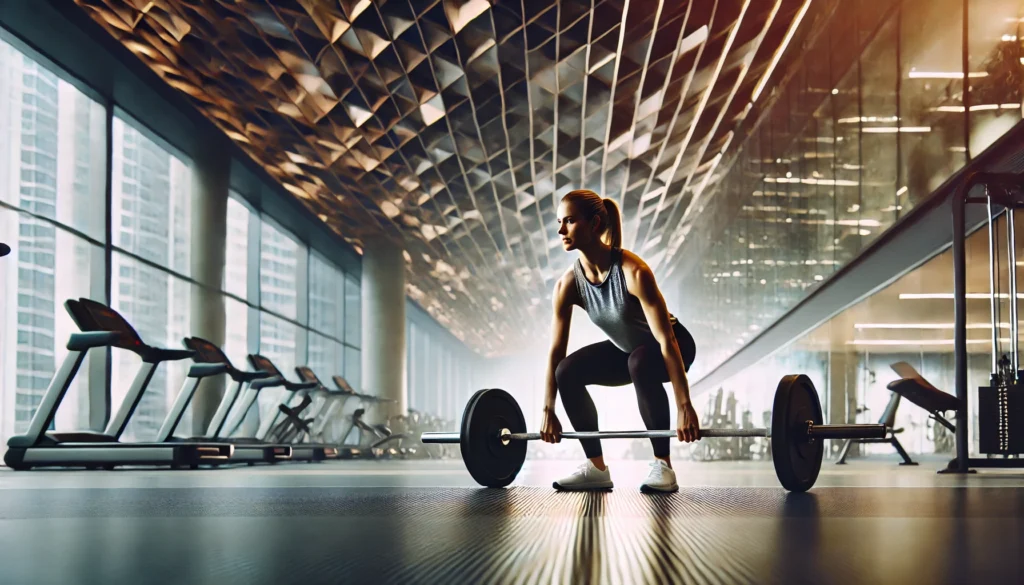 A strong and athletic woman performing a deadlift in a modern gym, showcasing the importance of strength training for women's muscle health and overall fitness.