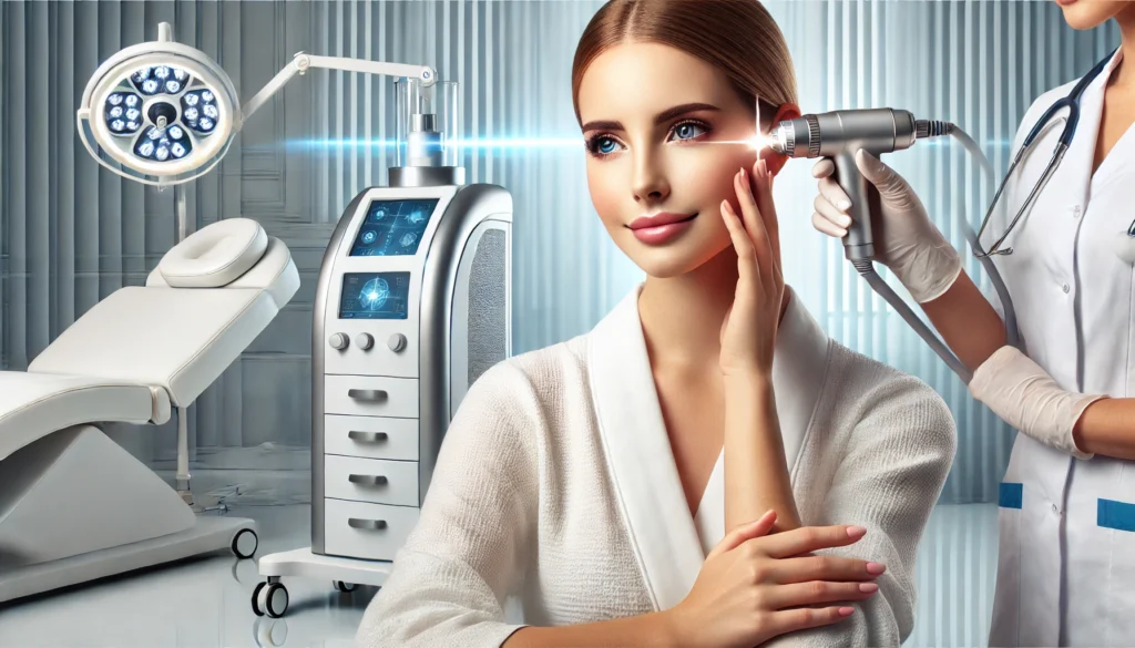 A luxurious dermatology clinic where a woman with youthful skin is receiving a professional anti-aging treatment. The setting includes a high-tech skincare device, a dermatologist in a white coat, and a modern, serene aesthetic, emphasizing advanced skincare procedures such as laser therapy, microdermabrasion, and facial rejuvenation treatments.