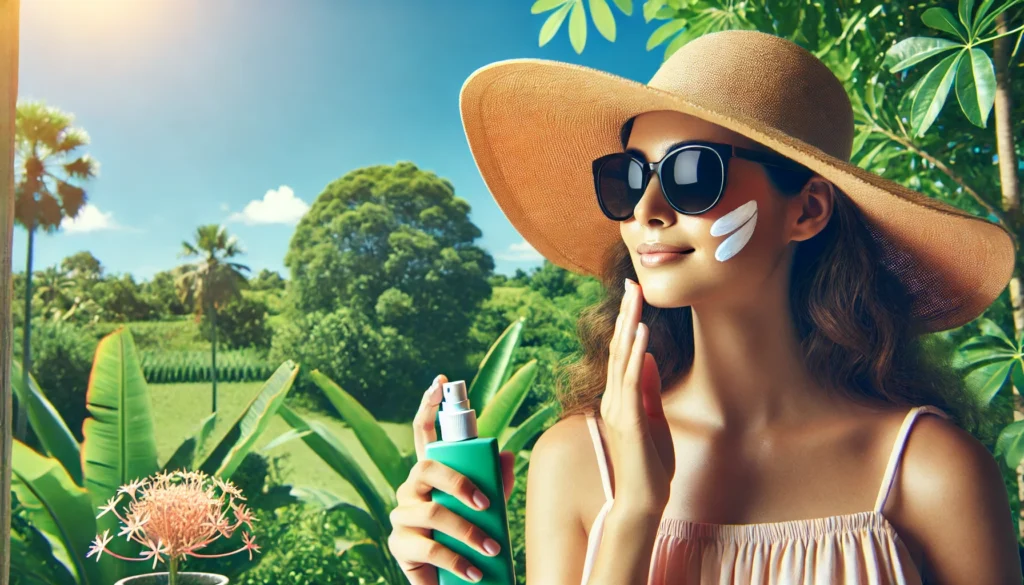 A vibrant outdoor scene featuring a woman wearing a wide-brimmed sun hat and sunglasses while applying sunscreen to her face. The lush greenery and bright blue sky emphasize the role of sun protection in wrinkle prevention.