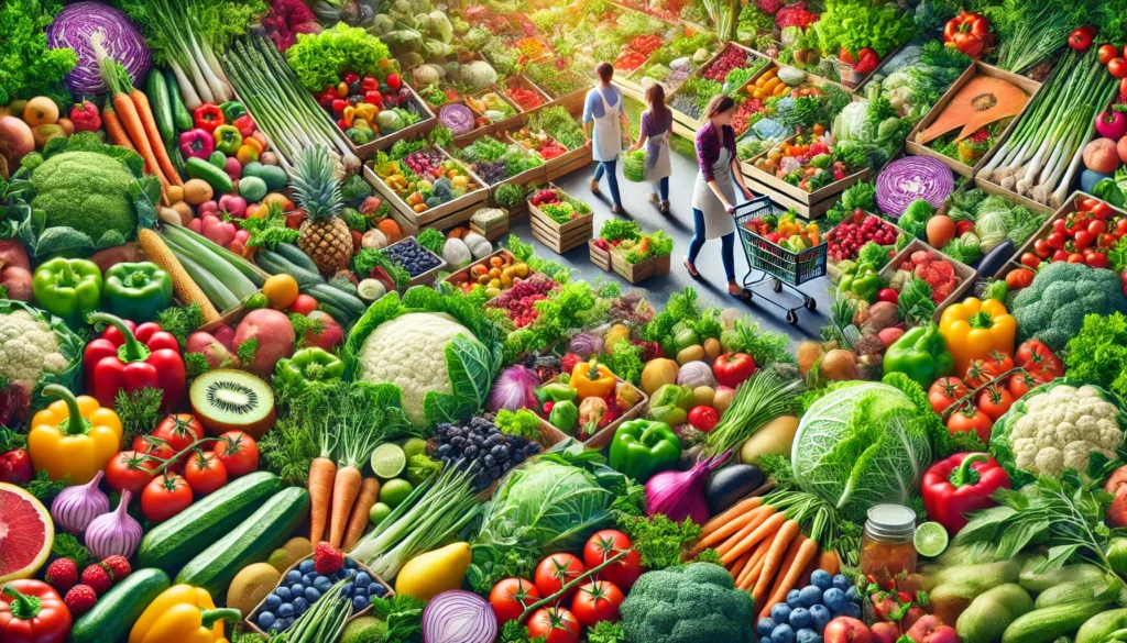 A vibrant organic farmers market filled with colorful fruits and vegetables, fresh herbs, and whole foods, representing the importance of a nutrient-rich diet for longevity and well-being