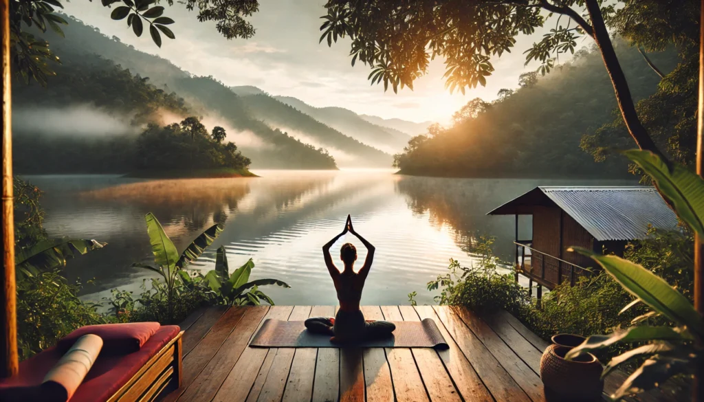 A tranquil outdoor yoga session at sunrise on a wooden deck overlooking a calm lake, emphasizing mindfulness, relaxation, and holistic well-being.