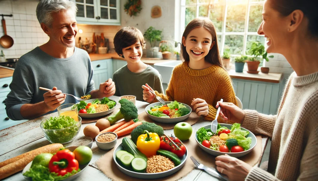 A joyful family enjoying a nutritious homemade meal in a bright kitchen, featuring fresh vegetables, whole grains, and healthy proteins, symbolizing the importance of balanced nutrition and shared meals for longevity and overall well-being.