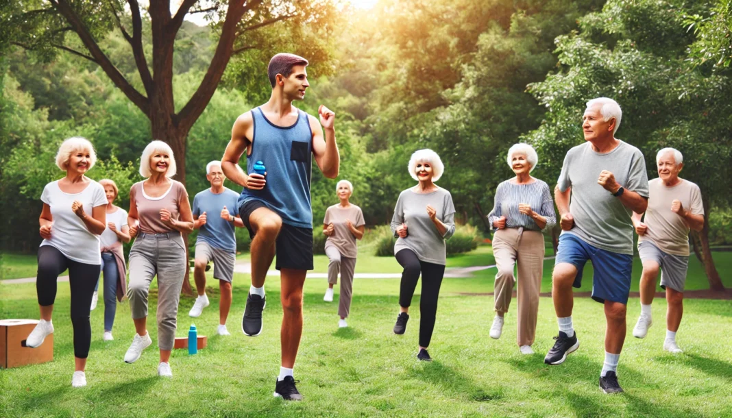 A group of active seniors participating in an outdoor fitness class in a lush green park. They perform light aerobic exercises under the guidance of a trainer, promoting social engagement, cardiovascular health, and vitality.