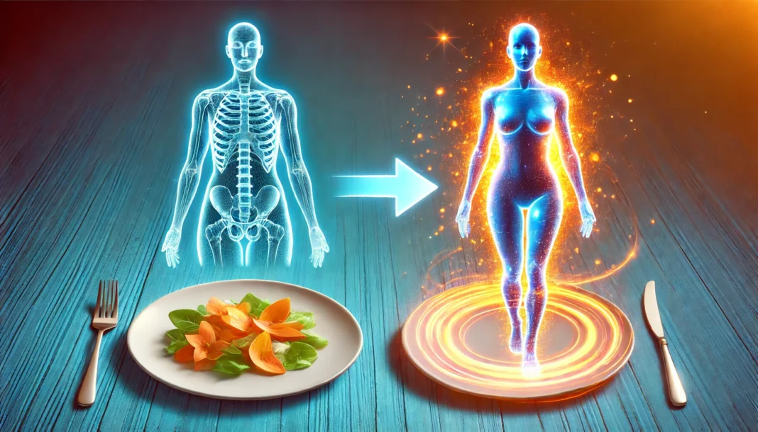 An empty dinner plate transitioning into a glowing, healthy body outline, visually depicting how fasting fuels fat burning and weight loss.