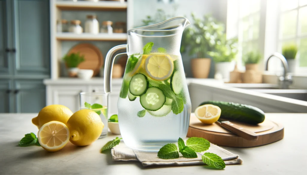 A glass pitcher filled with infused water, lemon slices, mint leaves, and cucumber, set in a bright kitchen, highlighting the importance of hydration for a healthy and sustainable weight loss journey.