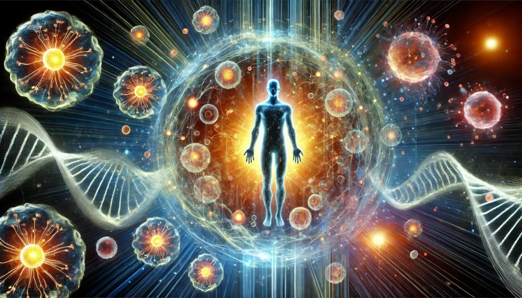 A conceptual visualization of cellular regeneration, depicting a human silhouette surrounded by glowing energy waves and floating cells, symbolizing revolutionary medical interventions for reversing aging.