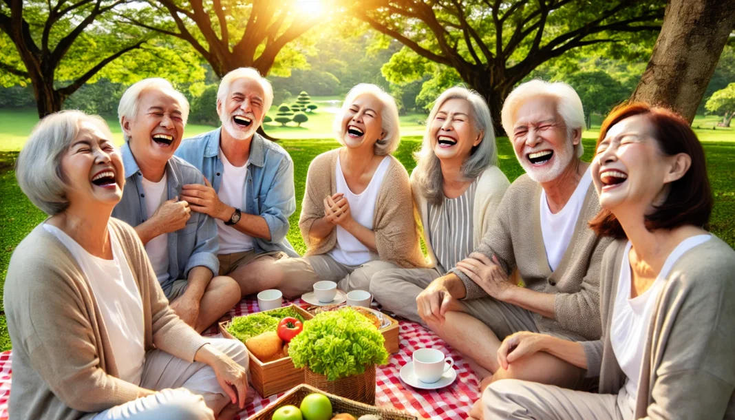 A group of elderly friends laughing and enjoying a picnic in a scenic park, symbolizing the importance of social connections and happiness for a longer life.