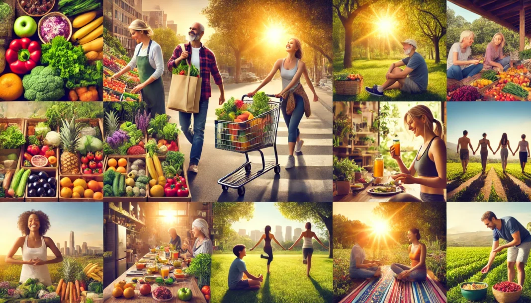 A vibrant outdoor farmers' market with people selecting fresh fruits and vegetables, emphasizing nutritious choices for a healthier, longer life.