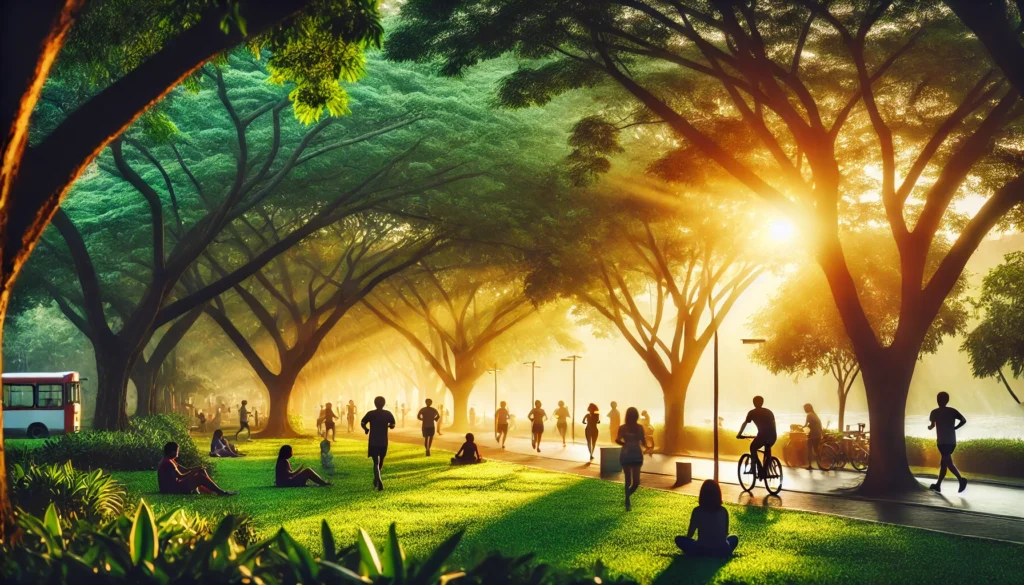 A serene sunrise over a lush green park where people engage in healthy activities such as jogging, yoga, and cycling, emphasizing an active lifestyle for longevity.