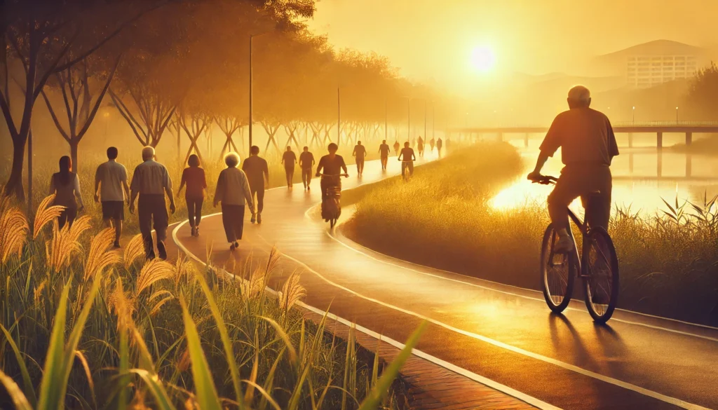 A peaceful sunrise over a scenic trail with people walking, jogging, and cycling, symbolizing daily movement as part of a holistic approach to a healthier, longer life.
