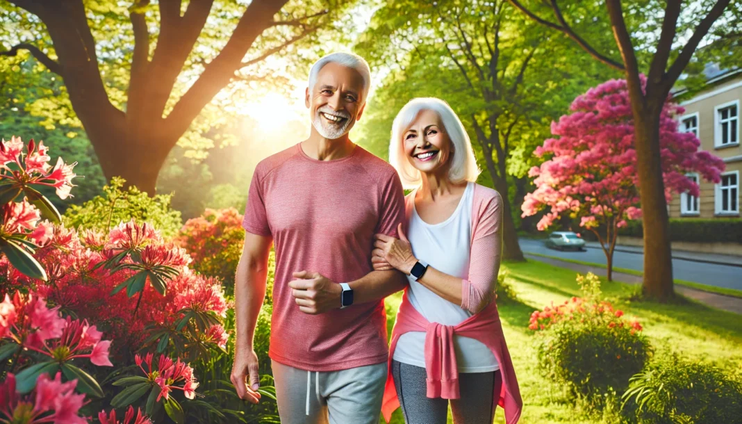A senior couple enjoying a refreshing morning walk in a lush green park, surrounded by blooming flowers and bathed in golden sunlight, reflecting an active and healthy lifestyle after 60.