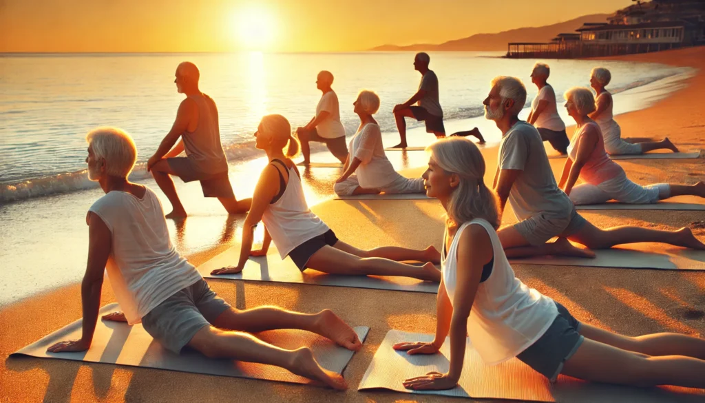 A group of seniors practicing yoga on a beach during sunset, engaging in stretching and mindfulness exercises. The golden sunlight reflects on the calm ocean, promoting relaxation, well-being, and healthy aging.