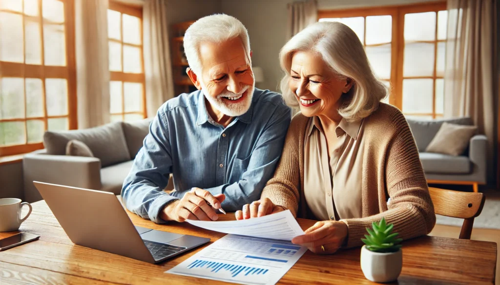 An elderly couple sitting at a wooden table, reviewing financial documents and planning their retirement. They are engaged in discussion, with a laptop displaying financial charts, symbolizing financial stability and a secure future.