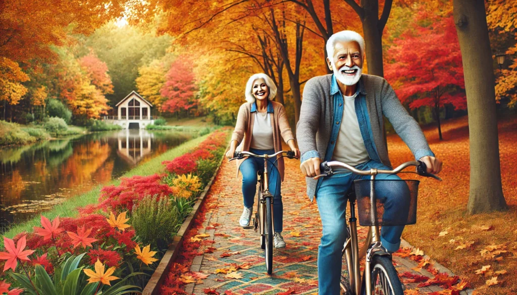 An elderly man and woman riding bicycles through a scenic park with autumn foliage. The couple smiles as they enjoy the fresh air, representing an active and independent lifestyle after 60