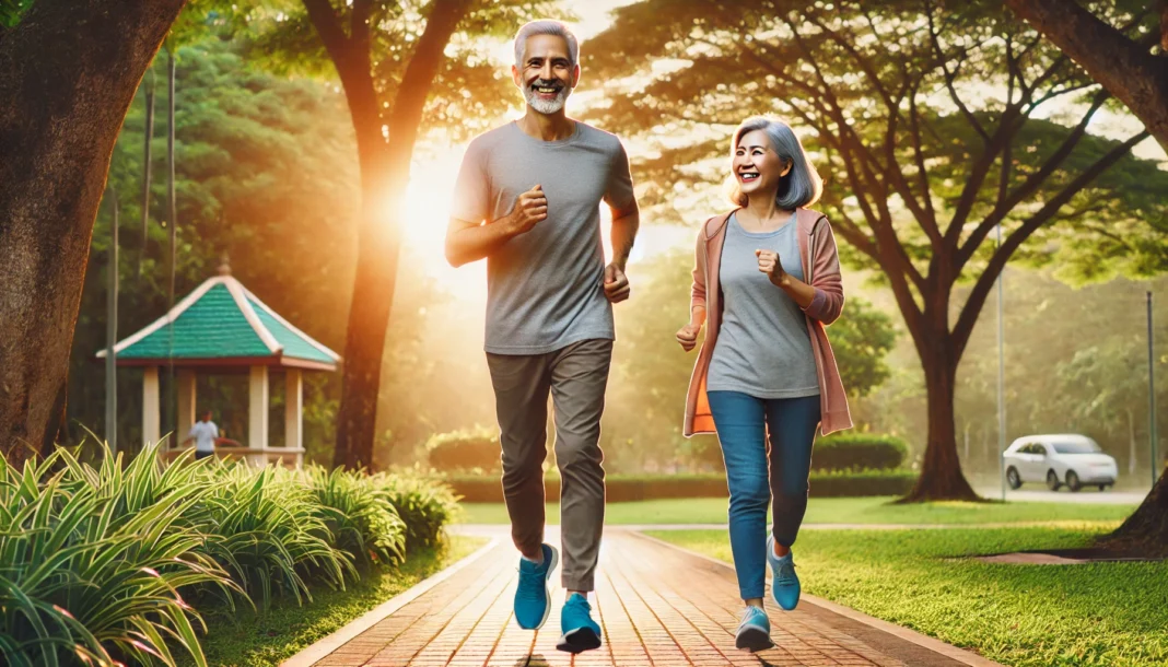 A middle-aged man and woman jogging in a scenic park during sunrise, symbolizing the importance of cardiovascular exercise in preventing heart disease and maintaining overall health.