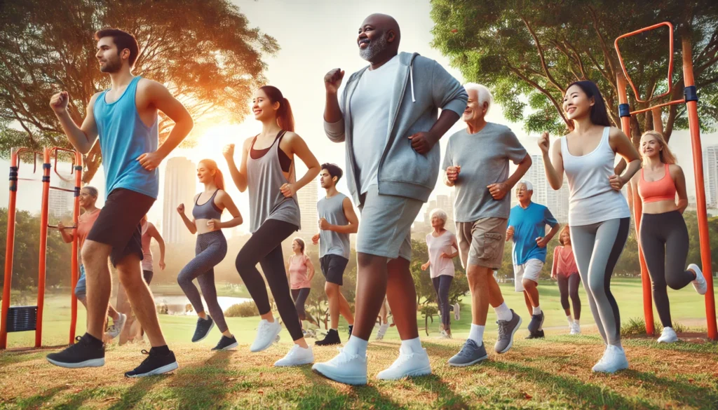 A diverse group of adults engaging in an outdoor fitness session, including walking and light strength training, highlighting healthy lifestyle choices for obesity prevention and metabolic health.
