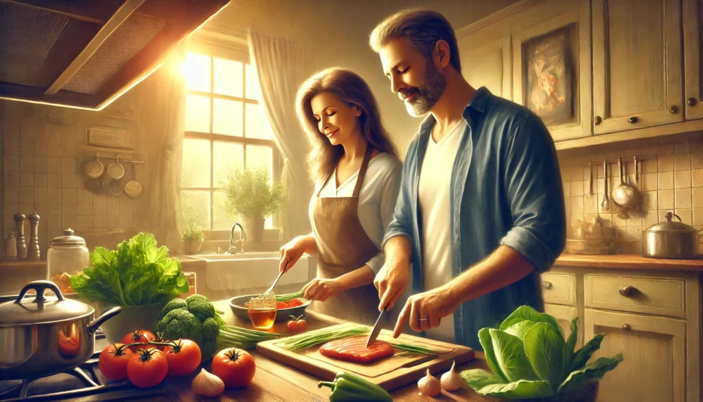 A middle-aged man and woman preparing a healthy meal in a well-lit kitchen. They are chopping fresh vegetables and cooking lean protein, emphasizing the role of a balanced diet in managing midlife health issues.