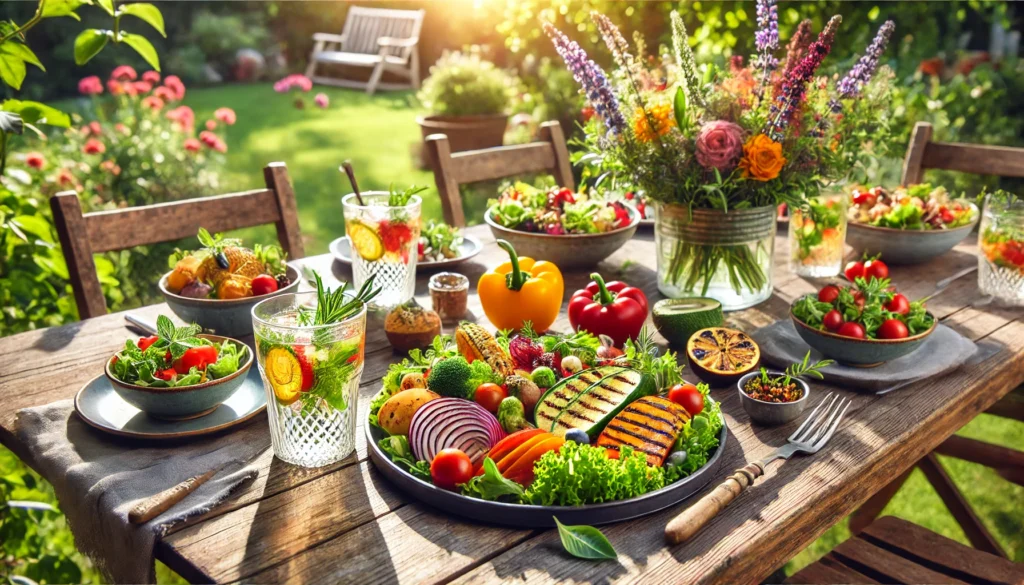 An inviting outdoor dining table set in a garden, featuring vibrant salads, grilled vegetables, fresh fruits, and herbal-infused water, highlighting the joy of eating whole, nutritious foods for longevity and well-being.