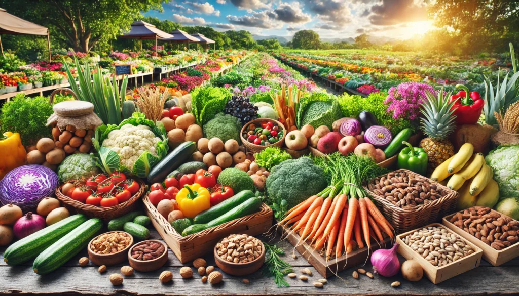 A scenic outdoor farmers market featuring fresh organic produce, including colorful vegetables, fruits, nuts, and whole grains arranged in wooden baskets, highlighting the importance of nutrient-rich foods for a longevity-focused diet.