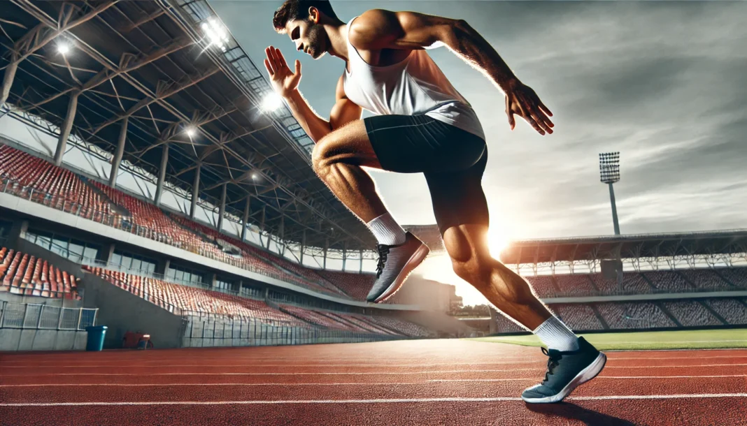 A runner performing high knees on a track, lifting knees explosively to enhance speed and endurance, with a stadium and clear sky in the background.